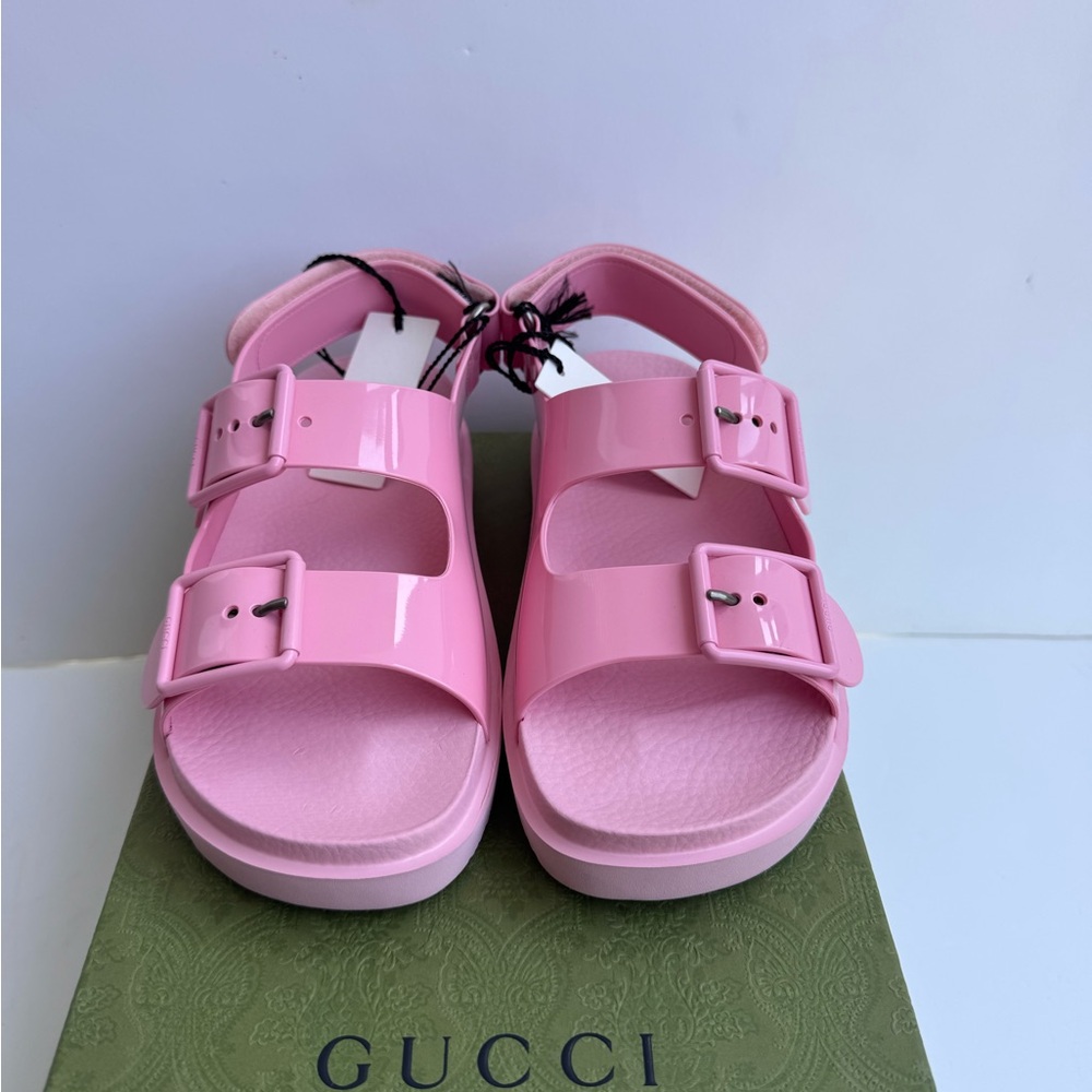 Gucci Glossy Pink Double Buckle Sandals